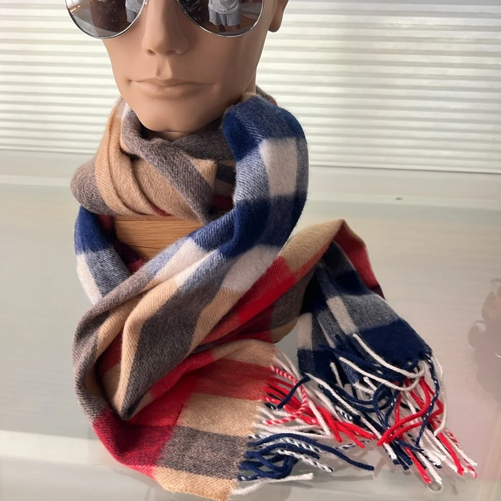 🐑🇩🇪Soft Wool & Cashmere Fringed Men’s or Women’s Tan/Red/Blue/White Plaid Scarf